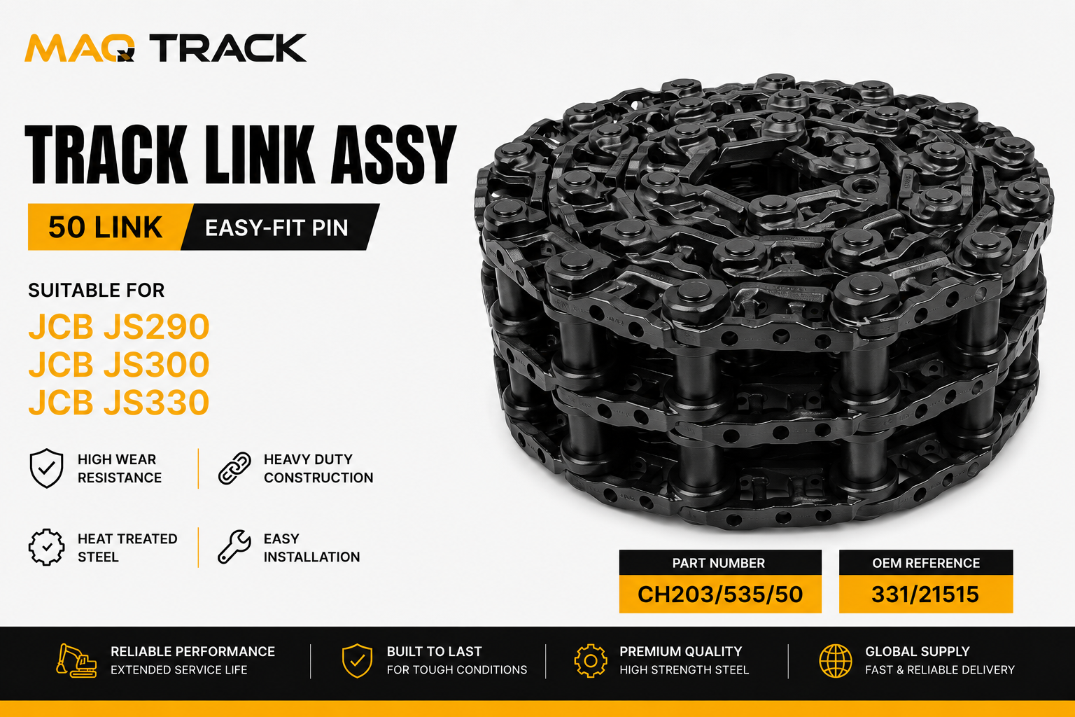 Track Link Assy 50 Link with Easy-Fit Pin for JCB JS290 JS300 JS330 excavators by MAQ TRACK